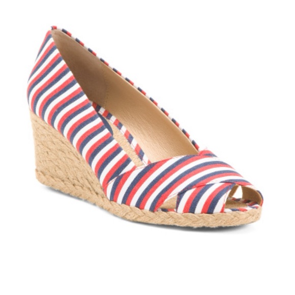 Adrienne Vittadini Navy & Red Bailee Peep Toe Wedges Women’s Size 8 EU 38 - Picture 1 of 10